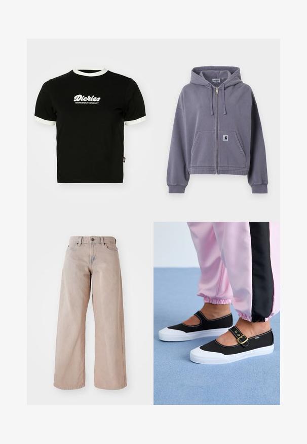 Fialová mikina na zips vyrobená z jemnej bavlny. Má predné vrecko, nastaviteľnú kapucňu so šnúrkou a rebrované manžety. Obsahuje záplatu s logom Carhartt.; Čierne bavlnené tričko s bielym rebrovaným výstrihom a okrajmi rukávov. Na prednej strane sa nachádza biely nápis s logom: "Dickies Workwear Company." Krátke rukávy.; Béžové široké džínsy s vysokým pásom, päť vrecový design a zapínanie na gombík. Textília má jemnú štruktúru a mierne vyblednutie vpredu.; Čierne plátenné topánky s bielou podrážkou, s výrezovým dizajnom a zlatým prackovým remienkom. Nosené s ružovými teplákmi.