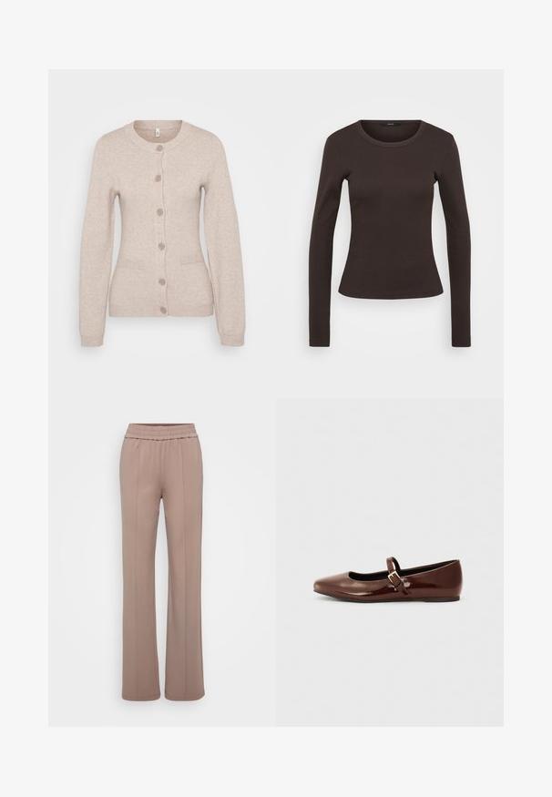 Lys beige strikket cardigan med rund halsudskæring, seks knaplukninger, to frontlommer samt ribbede mansjetter og kant.; Langærmet brun t-shirt lavet af ribbet stof, med en rund halsudskæring og en tætsiddende silhuet.; Bukser lavet af blødt, lysebrunt stof med bred ben-design. Har en elastisk talje og to pressefoldslinjer foran.; Brun patentlæder balletflade med firkantet tå og strop med en lille guldbuckle. Glat tekstur, lav hæl og minimalistisk design.