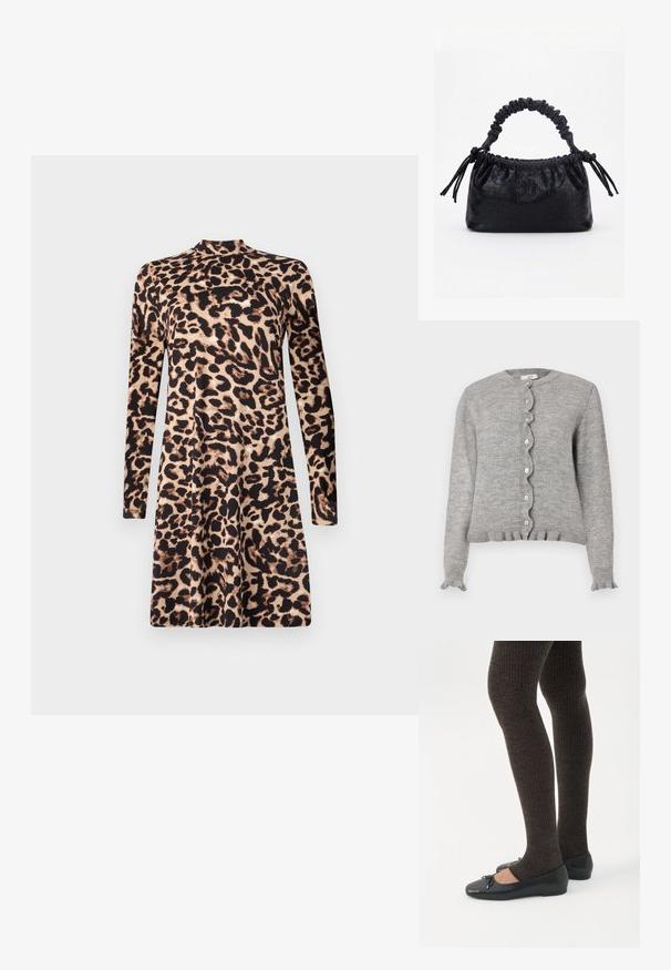 Grijze gebreide cardigan met een ronde halslijn, gekartelde knopenlijst en gerimpelde manchetten. Heeft kleine roze knopen en een ribgebreide zoom.; Leopardprint lange mouwen jurk met een hoge halslijn en een uitlopende silhoeet. De stof heeft een zachte textuur met contrasterende donkere en lichte kleuren.; Benen met donkere geribbelde leggings gecombineerd met zwarte ballerina's met kleine strikdetails op een witte achtergrond.; Zwarte handtas met krokodillenstructuur, geplooide bovenrand, samengevoerde handgreep en koordtassels aan elke kant tegen een witte achtergrond.