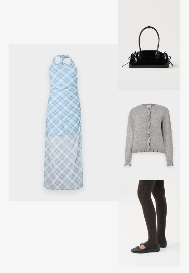 Cardigan gris en tricot avec un col rond, une patte de boutonnage à bords festonnés, et des poignets volantés. Il présente de petits boutons roses et un ourlet côtelé.; Robe halter bleu clair avec un motif à carreaux, dotée d'un corsage ajusté et d'une jupe fluide et transparente. Le matériau semble léger et lisse.; Jambes portant des leggings côtelés foncés associés à des ballerines noires avec de petits détails en nœud sur fond blanc.; Petit sac à main noir brillant avec deux longues anses et des détails à cordon sur les côtés sur un fond clair uni.