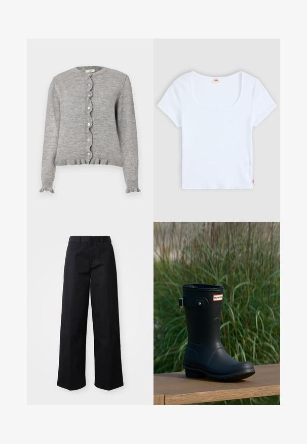 Cardigan gris en tricot avec un col rond, une patte de boutonnage à bords festonnés, et des poignets volantés. Il présente de petits boutons roses et un ourlet côtelé.; Haut blanc à manches courtes avec un décolleté carré, fabriqué en tissu à texture côtelée. Présente une petite étiquette logo rouge en bas à gauche.; Pantalons larges noirs en tissu de coton doux. Dotés d'une taille classique, de poches latérales et d'une coupe droite jusqu'à l'ourlet.; Botte de pluie en caoutchouc noir avec une finition brillante, dotée d'une boucle argentée et d'un écusson de logo. La semelle est texturée pour une meilleure adhérence.