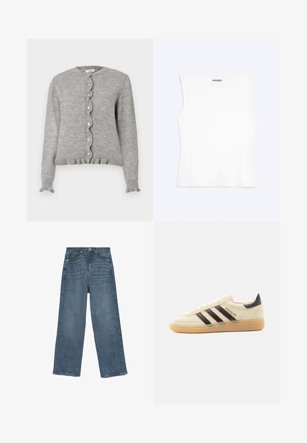 Grå strikket cardigan med rund halsudskæring, bølget knapstolpe og flæseærmer. Har små lyserøde knapper og ribbet kant.; Hvid tætsiddende ærmeløs tanktop med rund halsudskæring og minimalistisk design, mærket "WEEKDAY" indeni kraven.; Blå denim vide bukser med et struktureret mønster, fem-lomme design, metalknaplukning og stikninger, der udviser en afslappet pasform.; Kremfarvet ruskindssneaker med sorte striber, gummisål, sort hælstrop og gyldent "SPEZIAL"-tekst på siden.