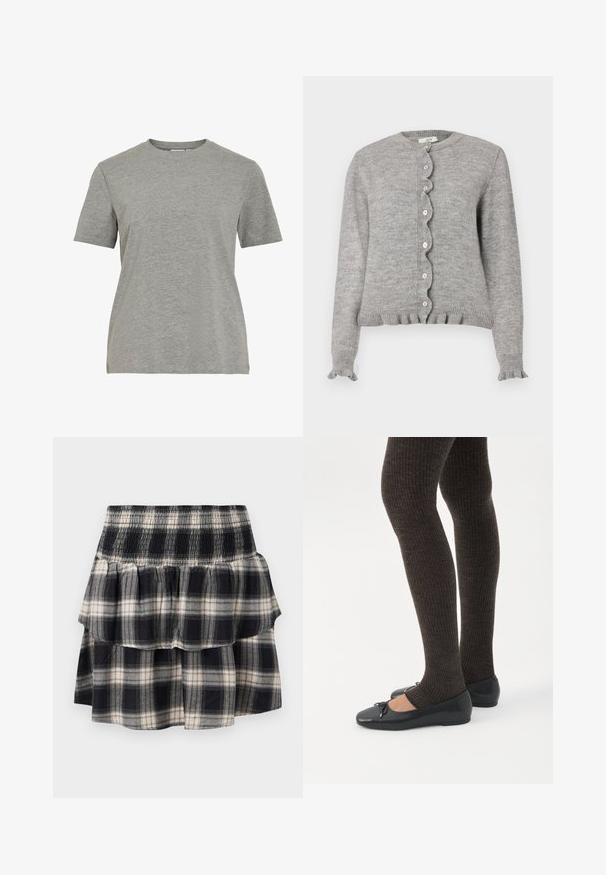 Cardigan gris en tricot avec un col rond, une patte de boutonnage à bords festonnés, et des poignets volantés. Il présente de petits boutons roses et un ourlet côtelé.; T-shirt gris en coton avec un col rond classique, des manches courtes et une texture lisse, idéal pour un usage décontracté.; Jupe à volants à carreaux noir et blanc avec taille smockée. Avec des couches froncées et une texture douce en coton.; Jambes portant des leggings côtelés foncés associés à des ballerines noires avec de petits détails en nœud sur fond blanc.