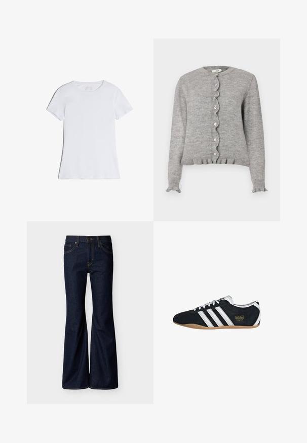 Cárdigan de punto gris con escote redondeado, tapeta de botones con bordes ondulados y puños con volantes. Presenta pequeños botones rosas y un dobladillo acanalado.; Camiseta blanca lisa de manga corta con cuello redondo, extendida y sin patrones ni logotipos visibles.; Vaqueros de mezclilla azul oscuro con piernas acampanadas, cierre frontal de botones y cremallera, y diseño de cinco bolsillos con costuras en contraste.; Zapatillas de ante negro con tres franjas blancas, logotipo dorado y suela de goma marrón. Presentan un diseño de cordones de perfil bajo.
