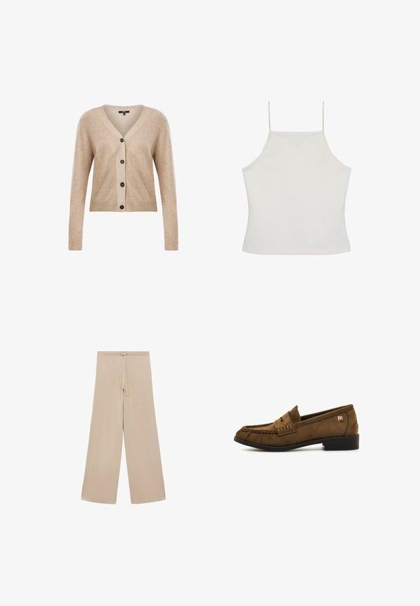 Beige V-Ausschnitt-Cardigan mit langen Ärmeln und vier schwarzen vorderen Knöpfen, mit gerippten Bündchen und Saum, Größe Medium.; Weißes ärmelloses Crop-Top mit dünnen Trägern und dezent gesticktem "cK"-Logo auf der Brust, einfacher Hintergrund.; Beige weit geschnittene Hose aus weichem Stoff, mit einem Kordelzugbund und glatter Textur, ohne Muster oder zusätzliche Hardware.; Brauner Veloursleder-Slipper mit gestickten Details, niedrigem schwarzem Absatz und kleinem metallischem Logo an der Seite, im Profil auf weißem Hintergrund gezeigt.