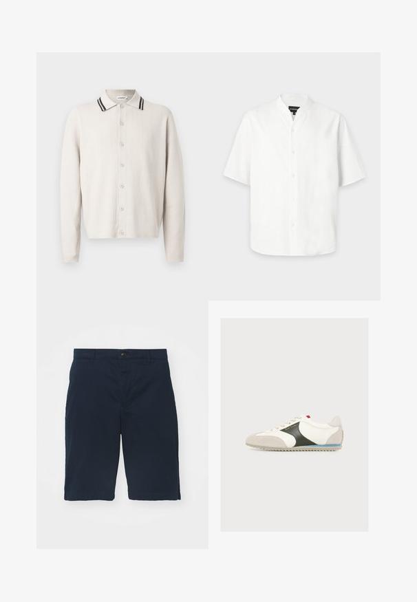 Cardigan beige clair avec un col, présentant un motif texturé en côtes, des accents de col rayés noirs et des boutons à l'avant.; Chemise blanche à manches courtes avec col mandarin, présentée sur un fond gris clair uni.; Shorts bleu marine en coton avec une taille plate, une fermeture à bouton et des poches latérales. Longueur genou avec une texture lisse et des coutures nettes.; Baskets basses blanches avec bout et talon en daim beige, panneau latéral vert foncé, bande bleue sur la semelle et accent rouge sur la languette.
