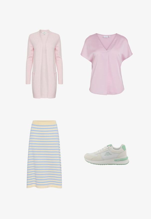 Gilet rose clair en tricot doux, avec un devant ouvert, des manches longues et deux poches avant. Texture lisse avec des poignets côtelés.; Blouse rose pâle à manches courtes avec un décolleté en V et une coupe ample, en tissu lisse, avec un petit pli décoratif à l'avant.; Jupe midi à rayures en coton doux avec une base jaune clair et des rayures horizontales bleues. Elle dispose d'une taille élastique côtelée.; Baskets Kappa blanc et vert menthe avec des panneaux en mesh léger, fermeture à lacets à l'avant, semelle coussinée et logo de la marque sur le côté et le talon.