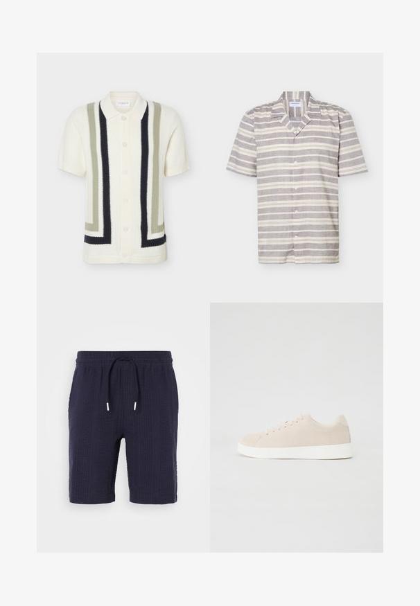 Cardigan blanc à manches courtes en maille avec des rayures géométriques verticales crème, olive et noir et des boutons sur le devant, avec un col classique.; Chemise à manches courtes avec boutons, rayée horizontalement en gris et blanc, col cranté, présentée sur un fond blanc.; Shorts navy avec un motif texturé, taille élastique et cordon de serrage. Présente une coupe décontractée et une longueur au-dessus du genou.; Baskets en daim beige avec semelles en caoutchouc blanc, bout rond et six œillets pour les lacets. Texture lisse avec un design minimaliste.