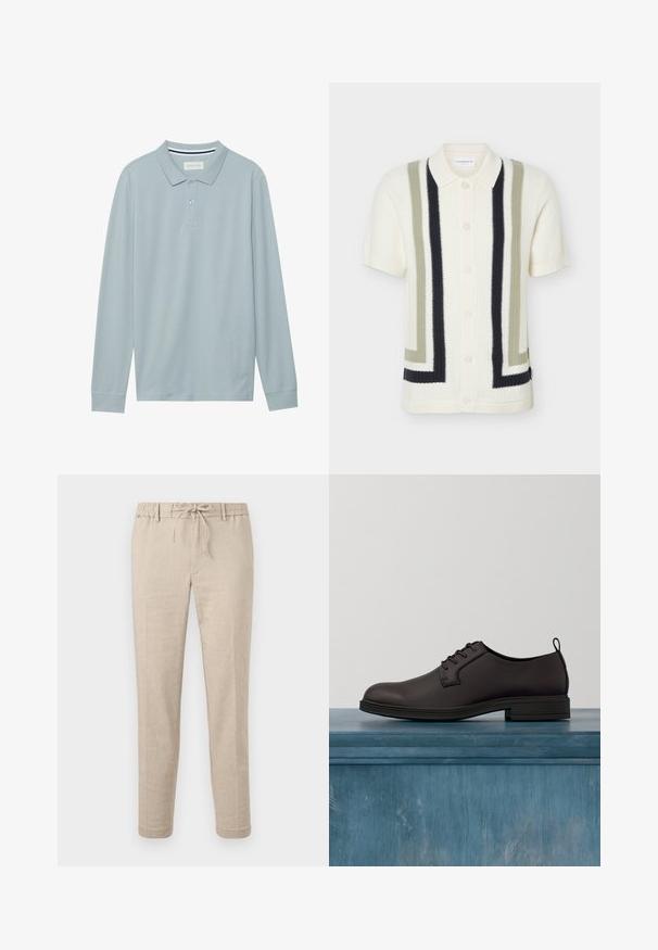 Wit gebreid vest met korte mouwen met crèmekleurige, olijfgroene en zwarte geometrische verticale strepen en knopen aan de voorkant, met een klassieke kraag.; Lange mouw polo shirt in lichtblauw met een vlakke kraag, een drieknoopssluiting en een subtiele textuur. Beschikt over een gestreepte binnenkraag.; Beige slim-fit broek met trekkoord in de taille, riemlussen en zijzakken, plat uitgespreid afgebeeld tegen een witte achtergrond.; Donkerbruine leren schoen met een gladde textuur, vetersluiting, ronde neus en een lage zwarte rubberen zool. Voorzien van een lus aan de achterkant.