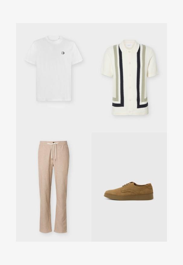 Cardigan blanc à manches courtes en maille avec des rayures géométriques verticales crème, olive et noir et des boutons sur le devant, avec un col classique.; T-shirt blanc à manches courtes et col rond avec petit logo "D" noir sur la poitrine gauche, sur fond gris clair uni.; Pantalon décontracté beige en mélange de lin avec taille élastique et cordon blanc, coupe droite, sans poches visibles, présenté sur fond blanc.; Chaussure décontractée à lacets en daim marron avec semelle en caoutchouc plate, vue de côté sur un fond clair uni.