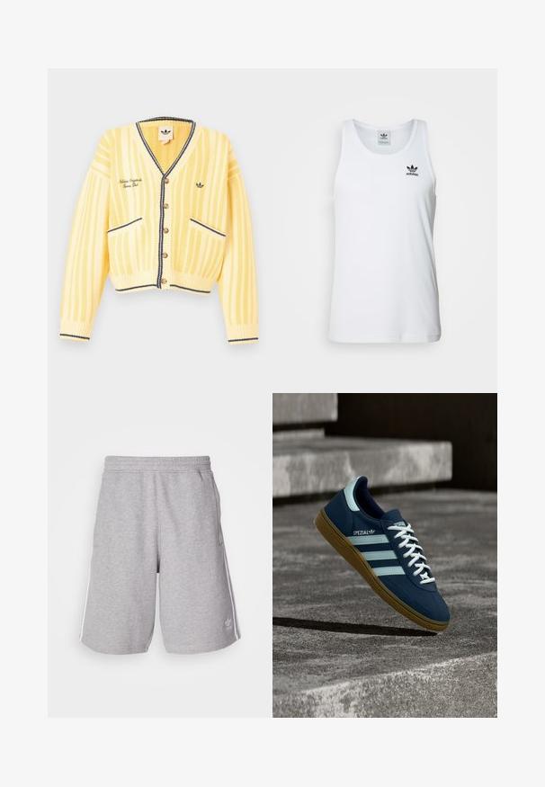 Gele gebreide cardigan met verticale strepen, V-hals, knoopsluiting aan de voorkant, twee voorzakken en marineblauwe biesdetails. Logo geborduurd op de borst.; Witte geribde tanktop met ronde hals, zwarte Adidas-logo op de linkerborst en zonder mouwen. Zachte katoenen stof, casual pasvorm.; Grijze sportshorts van katoenmix stof. Voorzien van zijzakken, een elastische tailleband en witte zijstrepen. Klassiek ontwerp.; Blauwe Adidas Spezial sneaker met witte strepen en veters, gumzool, zwevend boven een ruwe betonnen oppervlakte en trappen op de achtergrond.