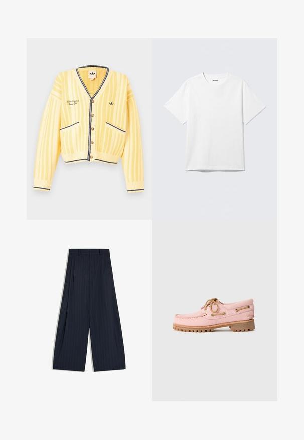 Cardigan jaune tricoté avec des rayures verticales, col en V, boutonnage frontal, deux poches avant et détails en bordure bleu marine. Logo brodé sur la poitrine.; T-shirt blanc à manches courtes et col rond, étalé à plat, design uni, avec l'étiquette "WEEKDAY" à l'intérieur du col sur un fond clair.; Pantalon bleu marine à jambes larges avec fines rayures blanches et taille haute, posé à plat sur un fond blanc.; Bateau en cuir rose avec des lacets marron, des œillets en métal et une semelle en caoutchouc épaisse de couleur marron, présenté en profil sur un fond blanc.
