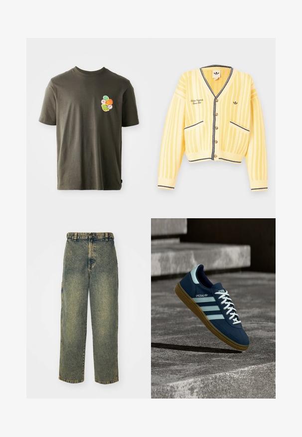 Gul strikket cardigan med lodrette striber, v-hals, knapper foran, to forlommer og marineblå kantdetaljer. Logo broderet på brystet.; Mørkeolivengrøn bomulds t-shirt med rund hals. Har et farverigt trykt design af cirkulære former på venstre brystområde.; Slidse denim jeans i en falmet blå og grøn vask. Har en knaplukning, bælteløkker og sidelommer. Flad front og lige ben-design.; Blå Adidas Spezial sneaker med hvide striber og snørebånd, gummisål, svævende over en ru betongoverflade og trin i baggrunden.