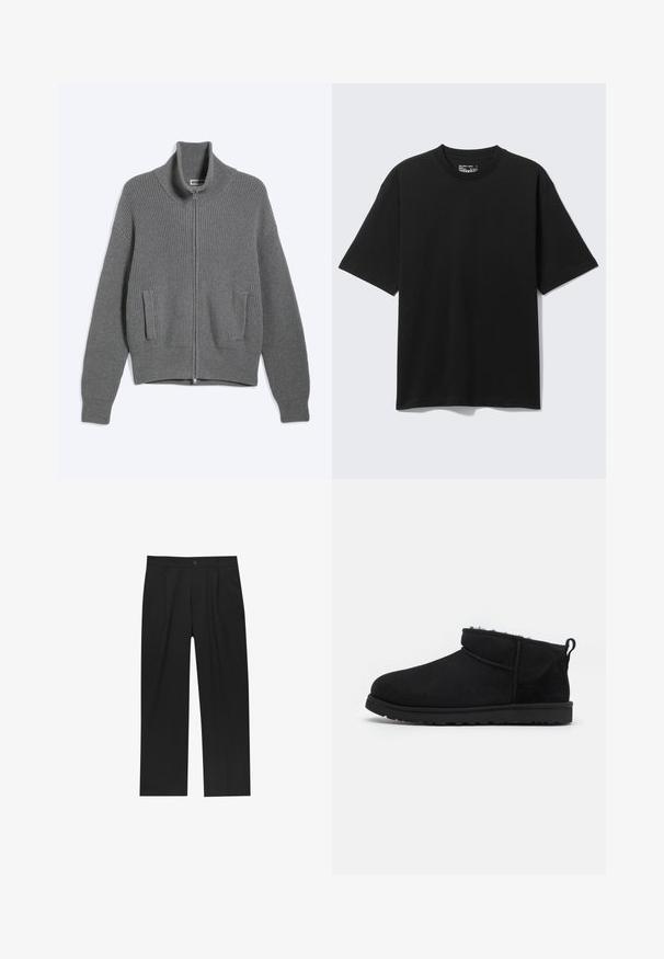 Grå strikket cardigan med lynlås, høj krave og to forlommer, lagt fladt på en hvid baggrund.; Sort kortærmet afslappet bomulds-T-shirt med rund hals, vist mod en ensfarvet lys baggrund.; Sorte bukser med lige ben, lavet af et glat stof. Har frontfolder og en enkelt knaplukning i taljen.; Sorte ruskind ankelstøvler med en blød, tekstureret foring, lavprofilgummi sål og en løkke bagpå for nem påtagning.