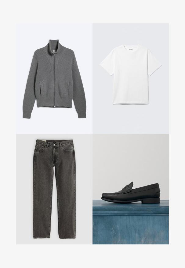 Cardigan gris en tricot avec fermeture éclair, col montant et deux poches à l'avant, posé à plat sur fond blanc.; T-shirt blanc à manches courtes et col rond, étalé à plat, design uni, avec l'étiquette "WEEKDAY" à l'intérieur du col sur un fond clair.; Jean droit noir délavé avec cinq poches, fermeture à bouton et passants de ceinture, posé à plat sur un fond blanc.; Mocassins en cuir noir avec un bout arrondi, des coutures détaillées et un petit talon carré. Texture lisse et design minimaliste.