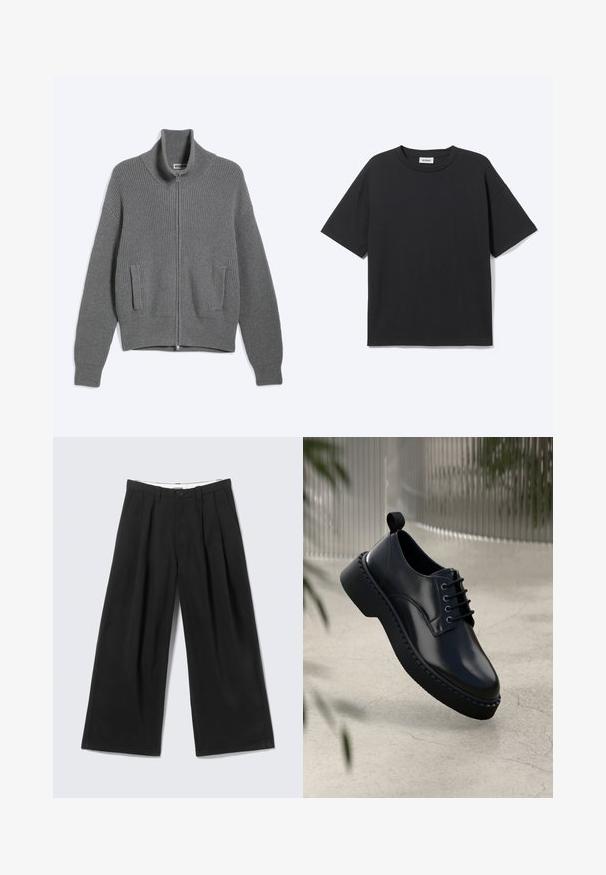 Cárdigan gris de punto con cremallera, cuello alto y dos bolsillos delanteros, colocado plano sobre un fondo blanco.; Camiseta negra de manga corta con cuello redondo, ajuste relajado, vista frontal, diseño sencillo y etiqueta visible de la marca Weekday en el interior del cuello.; Pantalones anchos negros con pliegues, trabillas para cinturón y cierre de botón, mostrados sobre un fondo gris claro.; Zapato de piel negra con punta redondeada, diseño con cordones y suela de goma gruesa con un borde texturizado. Acabado elegante y hardware minimalista.