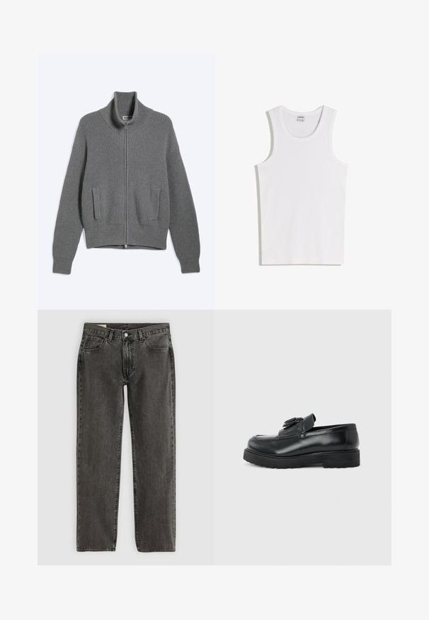 Cardigan gris en tricot avec fermeture éclair, col montant et deux poches à l'avant, posé à plat sur fond blanc.; Débardeur blanc en coton avec un col rond et de larges bretelles. Texture lisse, sans motifs ni accents, design simple.; Jean droit noir délavé avec cinq poches, fermeture à bouton et passants de ceinture, posé à plat sur un fond blanc.; Mocassin en cuir noir avec pampilles, semelle épaisse en caoutchouc et talon bas, présenté de profil sur un fond uni.