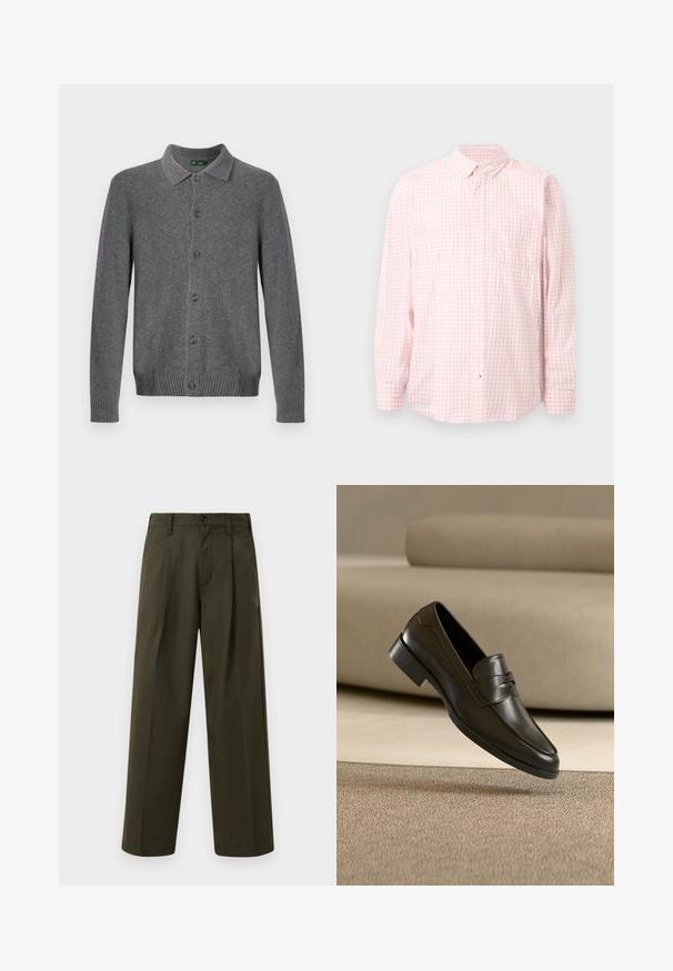 Graue Strickjacke mit Kragen, Knopfleiste vorne sowie gerippten Bündchen und Saum. Hergestellt aus weichem, strukturiertem Material.; Hellrosa-weiß kariertes Langarm-Hemd mit Knöpfen, Kragen und Brusttasche, vor einem schlichten Hintergrund präsentiert.; Olivgrüne weit geschnittene Hosen aus Baumwolle mit glatter Textur, ausgestattet mit einer Fronttasche, Gürtelschlaufen und einem einzigen Knopfverschluss.; Schwarzer Leder-Slipper, der über einem beigen Teppich schwebt, mit einem beigen Sofa im Hintergrund, und zeigt das klassische Herren-Design zum Hineinschlüpfen.