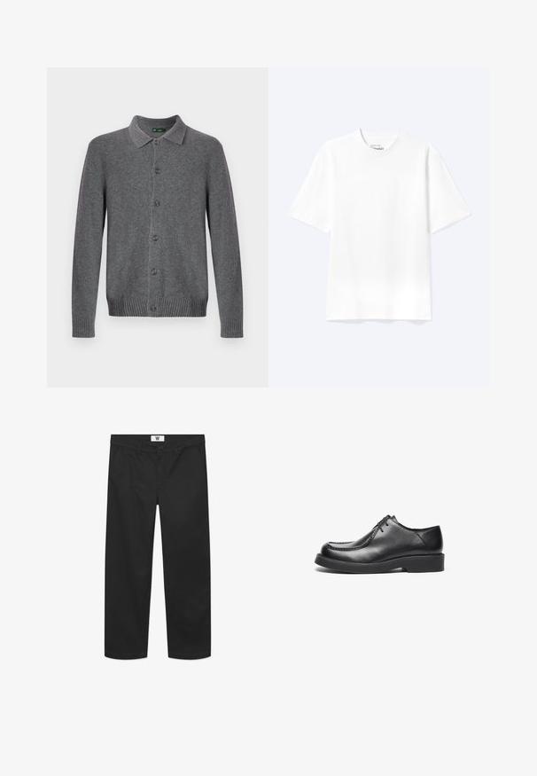 Graue Strickjacke mit Kragen, Knopfleiste vorne sowie gerippten Bündchen und Saum. Hergestellt aus weichem, strukturiertem Material.; Schlichtes weißes T-Shirt mit kurzen Ärmeln und Rundhalsausschnitt in entspannter Passform, auf hellem Hintergrund dargestellt.; Schwarze Chinos aus glattem Baumwollstoff. Verfügt über einen Knopfverschluss, Fronttaschen und ein gerades Bein-Design mit sauberen Kanten.; Schwarze Lederschuhe mit einer runden Spitze, geraden Nähakzenten und einer flachen Gummisohle. Klassisches, sauberes Design, Schnürverschluss.