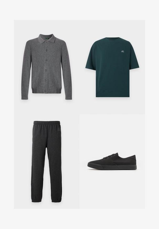 Grå strikket cardigan med krave, knaplukning foran og ribstrikkede manchetter og kant. Fremstillet af blødt, tekstureret materiale.; Mørkegrøn t-shirt med korte ærmer, rund hals og lille hvid cykel-ikon på venstre bryst.; Grå sweatpants lavet af blødt stof, med elastisk talje og indsnævrede ben med elastiske manchetter. Subtilt logo detalje på det ene ben.; Sorte kanvas sneakers med lavtopdesign, rund tå, flad sål, seks snørehuller og tekstureret stof på overdelen.