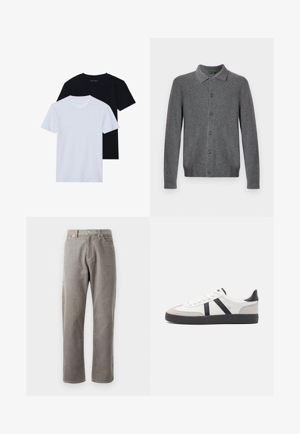 Grå strikket cardigan med krave, knaplukning foran og ribstrikkede manchetter og kant. Fremstillet af blødt, tekstureret materiale.; To kortærmede t-shirts med rund hals, en sort og en hvid, lavet af blødt bomuldsstof med ribbet struktur. Klassisk pasform design.; Grå kordfløjlsbukser med lige ben, der har en høj talje, forlommer og en subtil lodret ribbet tekstur.; Hvide sneakers med sorte og grå detaljer, med en tekstureret grå tåhætte, sort gummisål og flade hvide snørebånd. Rent design, minimalistisk stil.