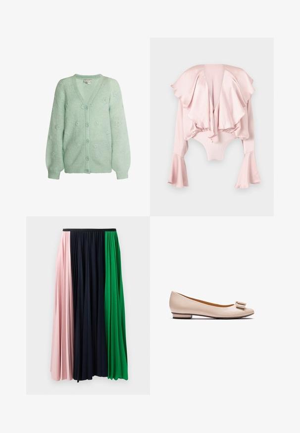 Mintgrøn cardigan med V-hals, der har et tekstureret blomstermønster, lange ærmer og seks matchende knapper foran.; Lyserød satin body med dyb V-hals, oversize flæsekrave og brede lange ærmer.; Plisseret nederdel med paneler i pink, navy og grøn. Fremstillet af blødt stof med elastisk talje for en behagelig pasform.; Beige damesko med lav hæl og dekorativ sløjfe foran, vist i sidevisning mod hvid baggrund.