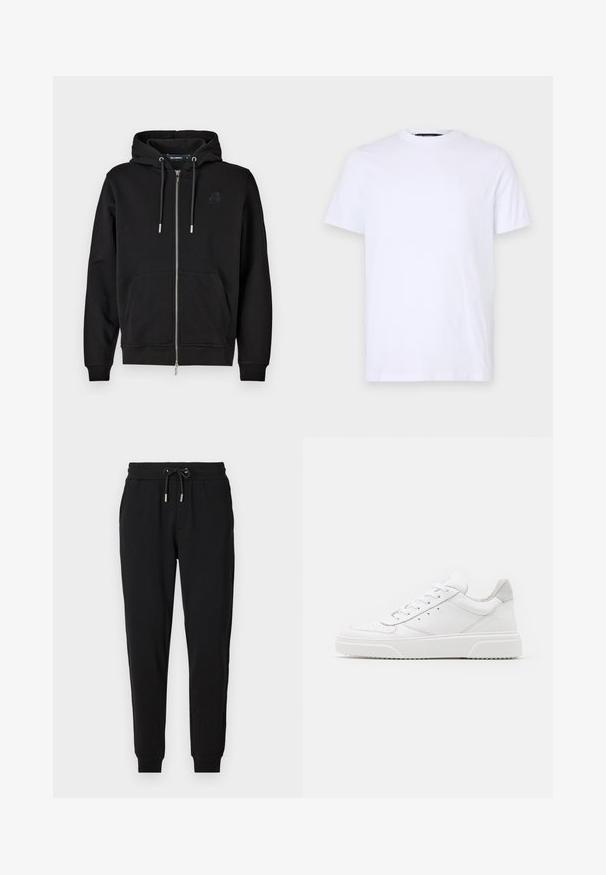 Sudadera con cremallera negra hecha de tejido suave, que cuenta con un bolsillo frontal, cordones y un logo bordado en el lado izquierdo del pecho.; Camiseta de algodón blanca con manga corta, cuello redondo, con un sutil logo en relieve en el pecho izquierdo, textura suave.; Pantalones deportivos negros con cintura elástica, cordón ajustable, bolsillos laterales y piernas ajustadas. Fabricados con un tejido suave y elástico.; Zapatillas de cuero blanca con un acabado suave, punta redondeada, cordones planos y una suela texturada. Acento de ante gris en el talón.