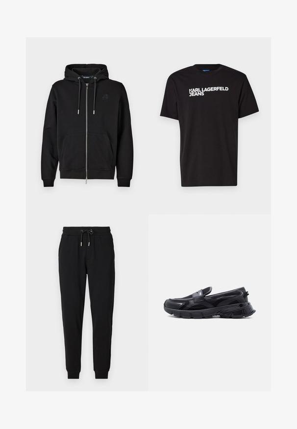 Zwarte rits-hoodie gemaakt van zachte stof, met een voorzak, koordjes en een geborduurd logo op de linkerkant van de borst.; Zwarte katoenen T-shirt met korte mouwen en ronde halslijn, met diagonaal over de voorkant in witte tekst "KARL LAGERFELD JEANS".; Zwarte joggingsbroek met een elastische tailleband, verstelbare koord, zijzakken en tapered pijpen. Gemaakt van zachte, rekbare stof.; Zwarte instapsneaker met dikke, gestructureerde zool en mesh panelen, ontworpen voor casual en sportief gebruik.