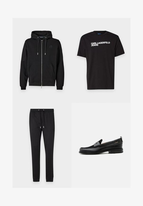 Zwarte rits-hoodie gemaakt van zachte stof, met een voorzak, koordjes en een geborduurd logo op de linkerkant van de borst.; Zwarte katoenen T-shirt met korte mouwen en ronde halslijn, met diagonaal over de voorkant in witte tekst "KARL LAGERFELD JEANS".; Zwarte joggingsbroek van zacht materiaal, met een elastische tailleband met trekkoorden, zijzakken en aangesloten boorden bij de enkels.; Zwarte leren loafer met grijs riemdetailelement, lage hak en gestructureerde zool, aan de zijkant gebrandmerkt met "HUGO" in goud.