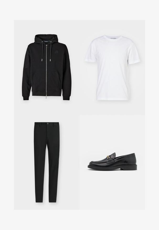 Haut à zip noir en tissu doux, avec une poche avant, des cordons de serrage et un logo brodé sur la poitrine gauche.; T-shirt en coton blanc avec un col rond, des manches courtes et une coupe droite. Sans motifs ni embellissements, texture lisse et design sobre.; Pantalon noir coupe slim avec passants de ceinture, fermeture boutonnée et poches avant, présenté à plat sur un fond gris clair.; Mocassins en cuir noir avec un embout rond, présentant des accents en métal doré et des détails de couture, montés sur une semelle en caoutchouc texturé et basse.
