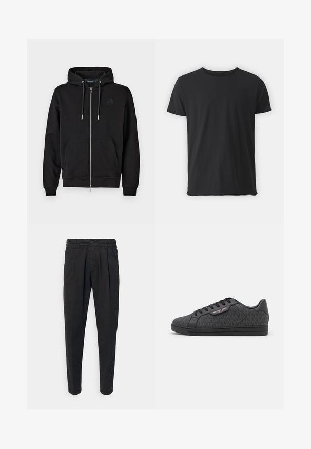 Haut à zip noir en tissu doux, avec une poche avant, des cordons de serrage et un logo brodé sur la poitrine gauche.; T-shirt noir à manches courtes en coton doux, avec un col ras du cou classique et une texture lisse, avec une coupe droite.; Pantalons noirs avec des plis avant, des jambes fuselées et une fermeture à boutons à la taille. Fabriqués dans un tissu lisse avec une texture uniforme.; Baskets noires dotées d'un dessus en tissu texturé avec un motif MK subtil, des accents en cuir noir et une semelle en caoutchouc noire.