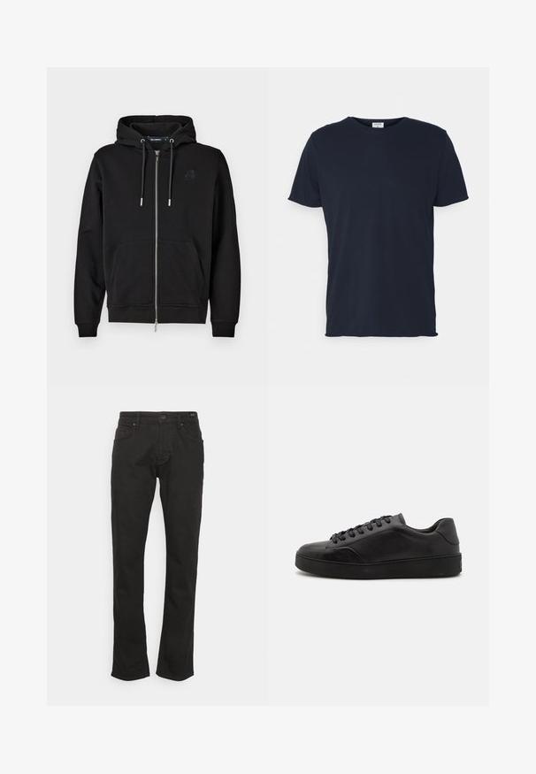 Sort hættejakke med lynlås lavet af blødt stof, med en forlommer, snore og et broderet logo på venstre bryst.; Marineblå bomulds t-shirt med rund hals og korte ærmer, med en glat tekstur og enkel design, uden synlige mønstre eller accenter.; JOOP! Jeans MITCH - Jeans Straight Leg - black; Sorte lædersneakers med rund tå, flad sål og traditionel snøring. Har en glat tekstur og diskrete detaljer på siden.