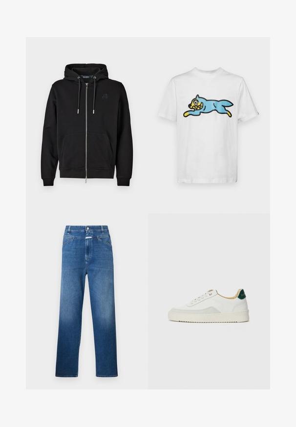 Zwarte rits-hoodie gemaakt van zachte stof, met een voorzak, koordjes en een geborduurd logo op de linkerkant van de borst.; Witte katoenen t-shirt met een blauwe cartoonkat met een gele gezicht en scherpe tanden, gepositioneerd in een springende houding.; Blauwe denim jeans met een rechte pijp, voorzien van een knoopsluiting, riemlussen en subtiele vervaging op de bovenbenen.; Witte sneaker met suède accenten, ronde neus, platte veters en een crème rubberen zool. Bevat groene branding op de hiel.