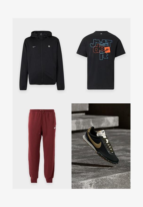 Sort lynlåshoodie med snøre på hætten, Nike-logo på venstre bryst og et lille firkantet emblem på højre bryst.; Sort Nike T-shirt med teksten "Just do it" i blå kontur og orange blokbogstaver, med en orange Nike-logo patch på brystet.; Bordeaux sweatpants lavet af blødt stof, med en elastisk talje med snor og tapered manchetter, prydet med et lille hvidt logo.; Sort og guld Nike løbesko med tekstureret overdel og mønstret snøre, der svæver over ru betongulv og trin.