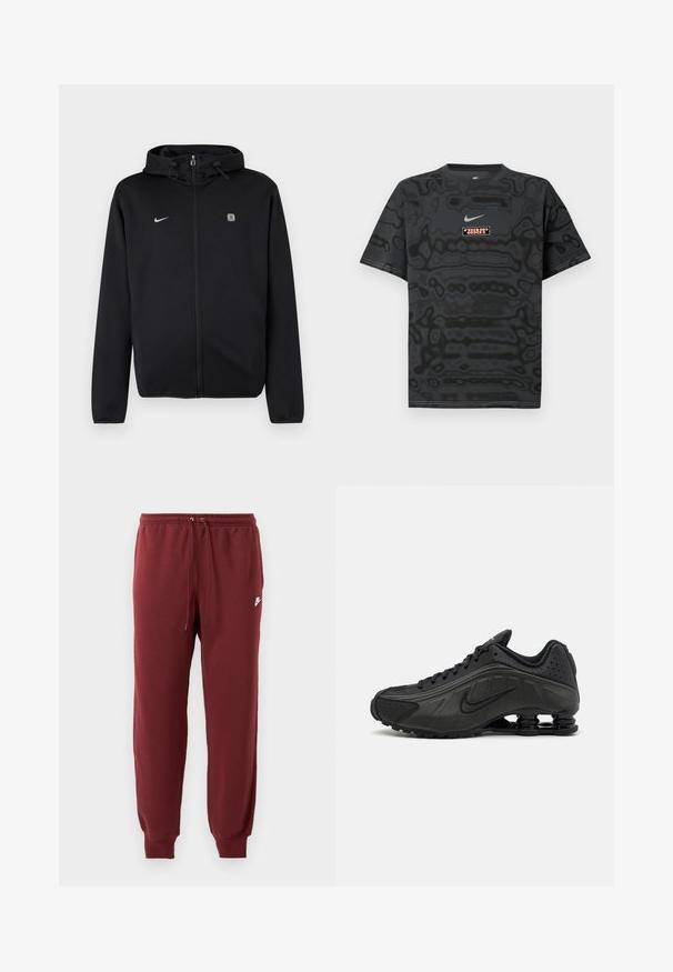 Sort lynlåshoodie med snøre på hætten, Nike-logo på venstre bryst og et lille firkantet emblem på højre bryst.; Sort T-shirt med et tekstureret mønster, der har en lille Nike-logo i lyseblå og en rektangulær logo-patch i kontrastfarver.; Bordeaux sweatpants lavet af blødt stof, med en elastisk talje med snor og tapered manchetter, prydet med et lille hvidt logo.; Sorte løbesko med en glat syntetisk overdel, perforerede detaljer, teksturerede sidedele og en distinkt fjedrende sål.