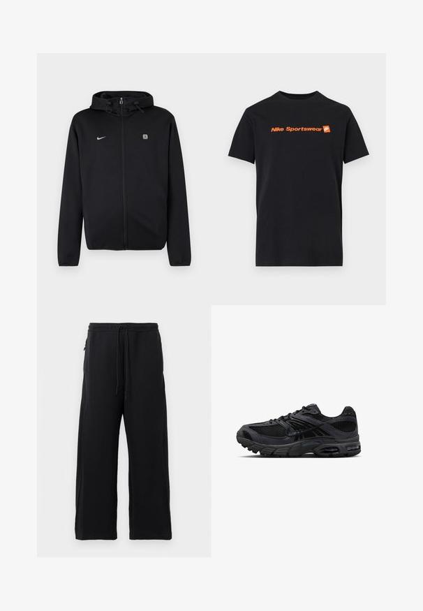 Sudadera negra con cremallera y capucha con cordón, logo de Nike en el pecho izquierdo y un pequeño emblema cuadrado en el pecho derecho.; Camiseta negra de manga corta con texto naranja "Nike Sportswear" y pequeño logotipo Nike swoosh sobre un fondo cuadrado en el centro del pecho.; Pantalones de chándal negros hechos de una tela suave, con cintura elástica ajustable, diseño de pierna ancha y bolsillos laterales con una textura lisa.; Zapatilla de correr Nike en negro y gris oscuro con tejido de malla, superposiciones de ante, suela acolchada y unidades de aire visibles en el talón y la parte delantera del pie.