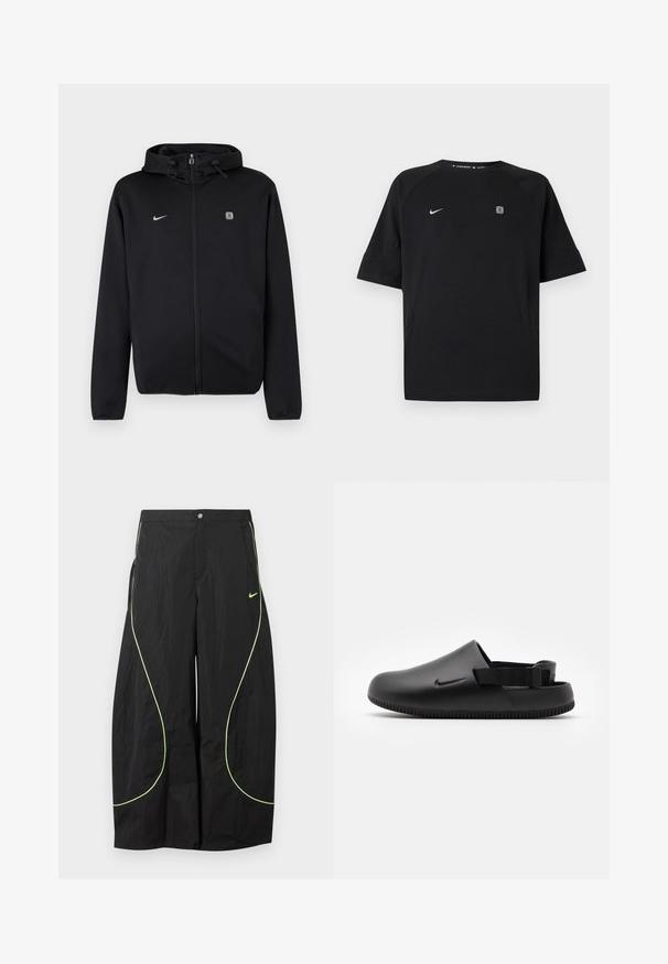 Sort lynlåshoodie med snøre på hætten, Nike-logo på venstre bryst og et lille firkantet emblem på højre bryst.; Sort Nike sportstrøje med korte ærmer med hvid swoosh-logo på venstre bryst og lille firkantet emblem på højre bryst, ensfarvet baggrund.; Sorte Nike bukser med brede ben, med neon-grøn buet piping og lille Nike swoosh-logo på højre lår, knap- og lynlåslukning i taljen.; Sorte formede klipklapper med en glat overflade, rygstrop for stabilitet og en ribbet sål for greb. Fungerer med et lille logo på siden.