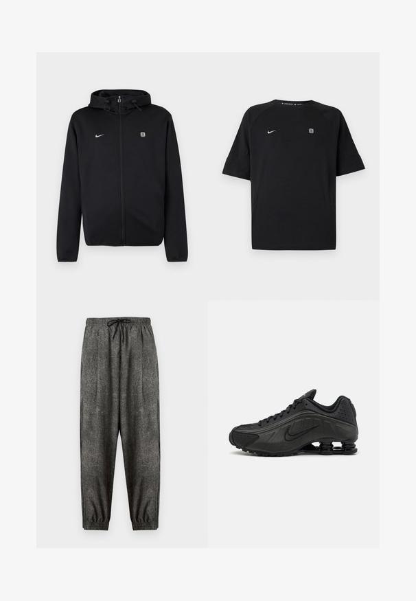 Zwarte hoodie met rits en capuchon met trekkoord, Nike-logo op de linkerborst en een klein vierkant embleem op de rechterborst.; Zwart Nike sportshirt met korte mouwen met wit swoosh-logo op de linkerborst en klein vierkant embleem op de rechterborst, effen achtergrond.; Donkergrijze gestructureerde joggingbroek met elastische tailleband en zwart trekkoord, elastische boorden en een relaxte pasvorm.; Zwarte hardloopschoenen met een glad bovenwerk van synthetisch materiaal, geperforeerde accenten, gestructureerde zijpanelen en een opvallende veerkrachtige zool.