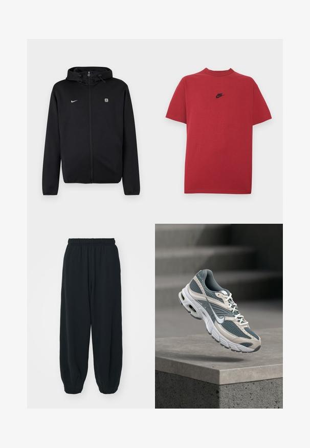 Zwarte hoodie met rits en capuchon met trekkoord, Nike-logo op de linkerborst en een klein vierkant embleem op de rechterborst.; Rood katoenen T-shirt met een zwart Nike-logo op de borst, korte mouwen, een ronde halslijn en een normale pasvorm. Gladde textuur.; Zwarte, elastiche sweatpants met een losse pasvorm, manchetten aan de enkels, een zachte textuur en zonder zichtbare patronen of hardwareaccenten.; Grijze en witte Nike hardloopschoen met mesh bovenwerk en gedempte zool zweeft boven een betonnen richel tegen een wazige grijze achtergrond.