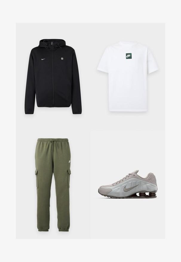 Sort lynlåshoodie med snøre på hætten, Nike-logo på venstre bryst og et lille firkantet emblem på højre bryst.; Hvid Nike T-shirt med korte ærmer og et lille grønt firkantet logo med Nike swoosh og tekst centreret på brystet.; Oliven grønne cargo bukser med elastisk talje, snorelukning, sidelommer og brandet logo på låret. Glat bomuldsblanding.; Nike løbesko i lysegrå med en glat tekstur, buet design og synlige støddæmpningsfjeder i mørkebrun ved hælen.