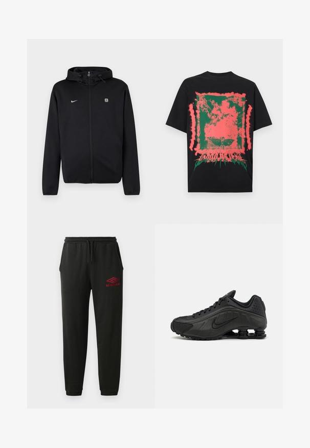 Sort lynlåshoodie med snøre på hætten, Nike-logo på venstre bryst og et lille firkantet emblem på højre bryst.; Sort T-shirt med abstrakt grønt og pink sprøjtet firkantdesign og forvrænget tekst nederst i midten.; Sorte sweatpants med elastisk talje og manchetter, sidelommer og rødt Umbro-logo på venstre lår.; Sorte løbesko med en glat syntetisk overdel, perforerede detaljer, teksturerede sidedele og en distinkt fjedrende sål.
