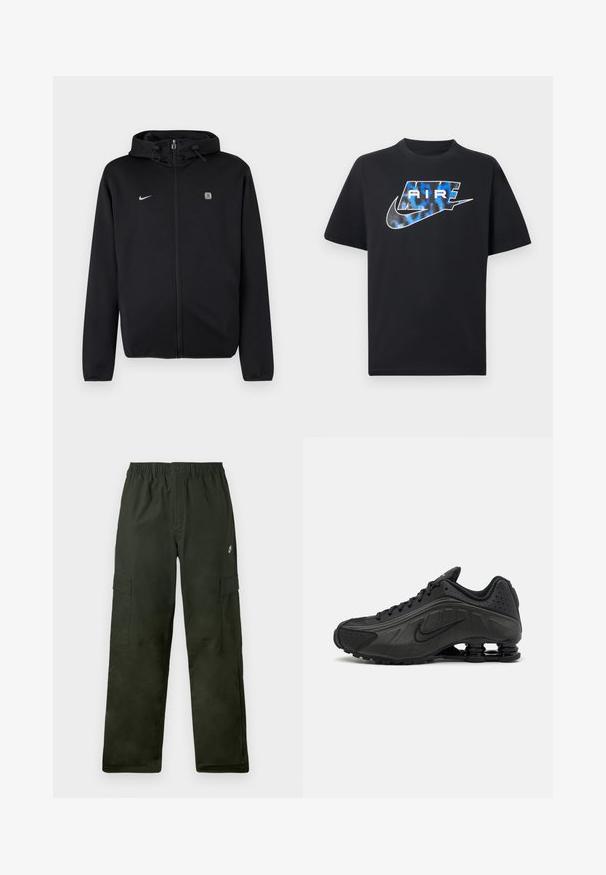 Schwarzer Hoodie mit Reißverschluss und Kordelzugkapuze, Nike-Logo auf der linken Brustseite und ein kleines quadratisches Emblem auf der rechten Brustseite.; Schwarzes T-Shirt mit kurzen Ärmeln, auf der Brust ist ein stilisierter "AIR"-Schriftzug in Blau und Weiß sowie das Nike-Swoosh-Logo abgebildet.; Cargo-Hosen aus dunkelgrünem Stoff mit elastischem Bund, ausgestattet mit zwei seitlichen Taschen und einem kleinen Logo auf der Vorderseite.; Schwarze Laufschuhe mit einem glatten synthetischen Obermaterial, durchbrochenen Akzenten, strukturierten Seitenpaneelen und einer ausgeprägten federnden Sohle.