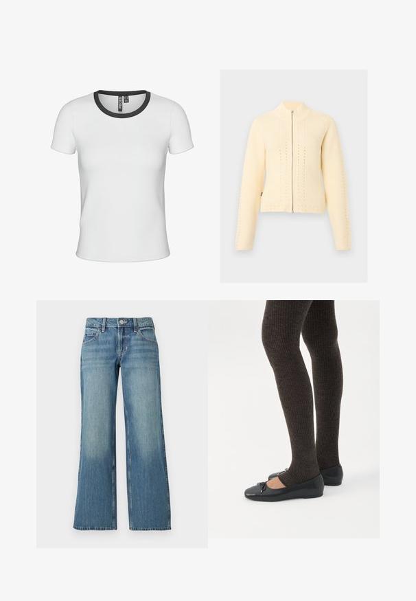 Cardigan zippé tricoté couleur crème avec manches longues, col montant côtelé et motifs perforés verticaux subtils.; T-shirt blanc à côtes avec un col rond présentant une bordure contrastante noire. Manches courtes et coupe ajustée.; Jean en denim bleu clair à coupe large, avec une taille mi-haute, des poches avant et un léger délavage, affichant une texture lisse.; Jambes portant des leggings côtelés foncés associés à des ballerines noires avec de petits détails en nœud sur fond blanc.