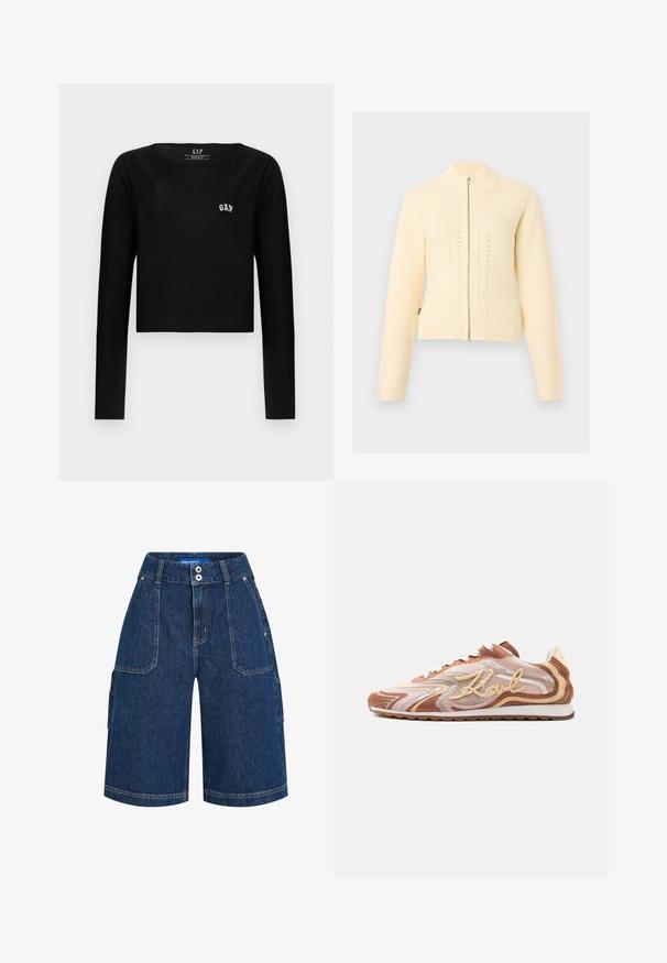 Flødefarvet strikket cardigan med lynlås, lange ærmer, en ribbet høj krave og diskrete lodrette perforerede mønstre.; Sort langærmet crop top i bomuld med rund halsudskæring og hvid broderet "GAP" logo på brystet. Glat tekstur.; Mørkeblå denim knælange shorts med forlommer, dobbelt knaplukning og synlige syninger.; Lavprofil brun og beige sneakers med bølget mønster, hvide snørebånd og "Karl" broderet på siden i kursiv skrift.