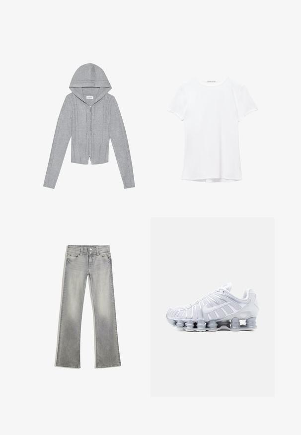Lys grå zip-up hættetrøje med hætte, prydet med kabelstrik mønstre, ribbede kanter og manchetter samt en glat tekstur. Perfekt til lag-på-lag.; Hvid kortærmet t-shirt lavet af glat stof, med rund halsudskæring og diskrete syninger ved kanten.; Grå denim flared jeans med en afdæmpet finish, der har en knaplukning, fem lommer og syet detaljering langs taljebåndet og kanten.; Hvid atletisk sneaker med mesh-overdel, lagdelte paneler, Nike swoosh og en karakteristisk fjedrende segmenteret sål for polstring og støtte.