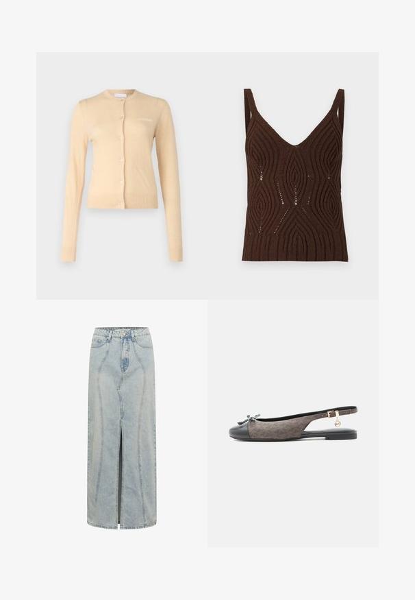 Beige cardigan lavet af blødt materiale, med rund halsudskæring, knaplukning foran og ribbede manchetter og kant. Lille logo på brystet.; Brun tekstureret tanktop med dyb V-hals, der har et bølget mønster og åbent strikkede detaljer. Stropperne er brede og skaber en afslappet pasform.; Lyseblå denimskørt med en lige silhuet, der har en frontslids, bælteløkker og detaljeret syninger langs sømmene.; Brun og sort slingback flad sko med sløjfe på tåen og guld MK-logo vedhæng på ankelsnøren.