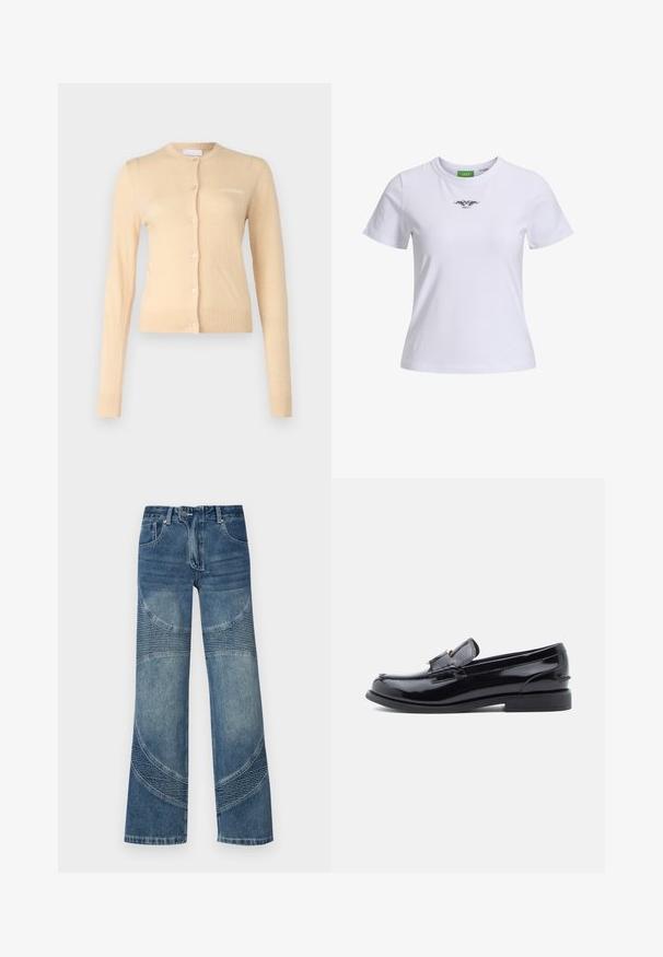 Beiger Cardigan aus weichem Material, mit rundem Halsausschnitt, Knopfleiste und gerippten Bündchen und Saum. Kleines Logo auf der Brust.; Weißes Baumwoll-T-Shirt mit Rundhalsausschnitt und kurzen Ärmeln, auf der Vorderseite mit einem schwarzen Grafikdesign. Schlichte, klassische Schnittführung.; Hochtaillierte blaue Jeans aus Denim mit weitem Bein, versehen mit geschwungenen Nahtdetails und gerippten Teilen im unteren Bereich. Lässiger Stil.; Schwarzer Loafer aus Lackleder mit abgerundetem Zehenbereich, dekorativer Naht und flachem Absatz. Verfügt über ein kleines goldenes Detail am oberen Teil.
