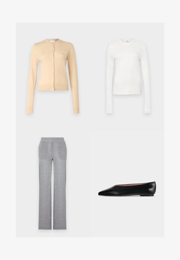 Beige cardigan van zacht materiaal, met een ronde halslijn, knoopsluiting aan de voorkant en geribbelde manchetten en zoom. Klein logo op de borst.; Witte langemouwen t-shirt gemaakt van zachte katoen. Heeft een ronde hals, aansluitende pasvorm en een gladde textuur. Geen patronen of accenten.; Grijze, geribbelde gebreide broek met een aansluitende tailleband en uitlopende pijpen. Kenmerkt zich door een subtiele glans en verticale strepen voor textuur.; Zwarte leren damesschoen met platte zool, puntige neus en lage hak, zijwaarts afgebeeld tegen een effen lichtgrijze achtergrond.