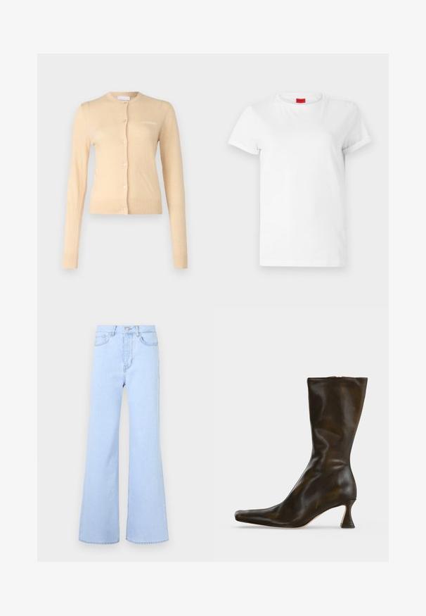 Cardigan beige en matériau doux, avec un col rond, une fermeture à boutons à l'avant et des poignets et un ourlet côtelés. Petit logo sur la poitrine.; T-shirt blanc à manches courtes en coton léger. Présente un col rond et des manches retroussées. Étiquette logo rouge sur le col.; Jean évasé bleu clair taille haute, doté de cinq poches, d'une fermeture à bouton et d'une texture denim lisse. Les bords sont soigneusement cousus.; Botte en cuir noire mi-mollet avec un bout carré et un talon bloc évasé sur fond blanc uni.