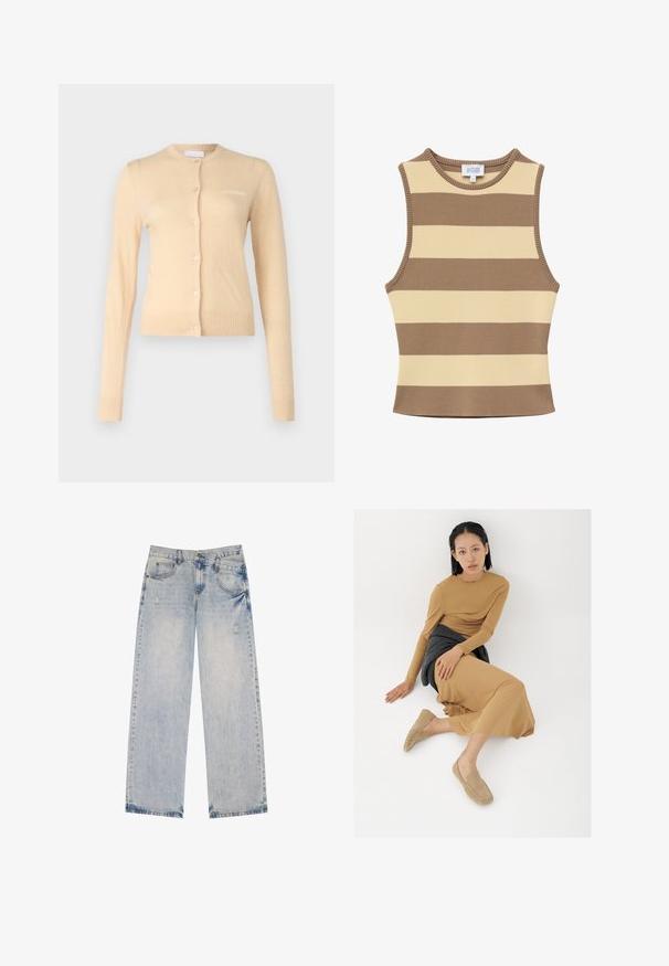 Beige cardigan lavet af blødt materiale, med rund halsudskæring, knaplukning foran og ribbede manchetter og kant. Lille logo på brystet.; Ærmeløs striktop med brede horisontale beige og brune striber, rund halsudskæring og ribkant.; Lysblå denimjeans med lige ben-design, der har slidte detaljer, fem lommer og synlige sømdetaljer.; Ung kvinde med kort sort hår sidder på gulvet iført en tanfarvet langærmet kjole, beige loafers og en mørkegrå sweater bundet om livet.